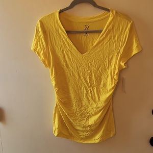 NWT New York & Company Yellow Ruched Side V Neck Shirt Size Medium